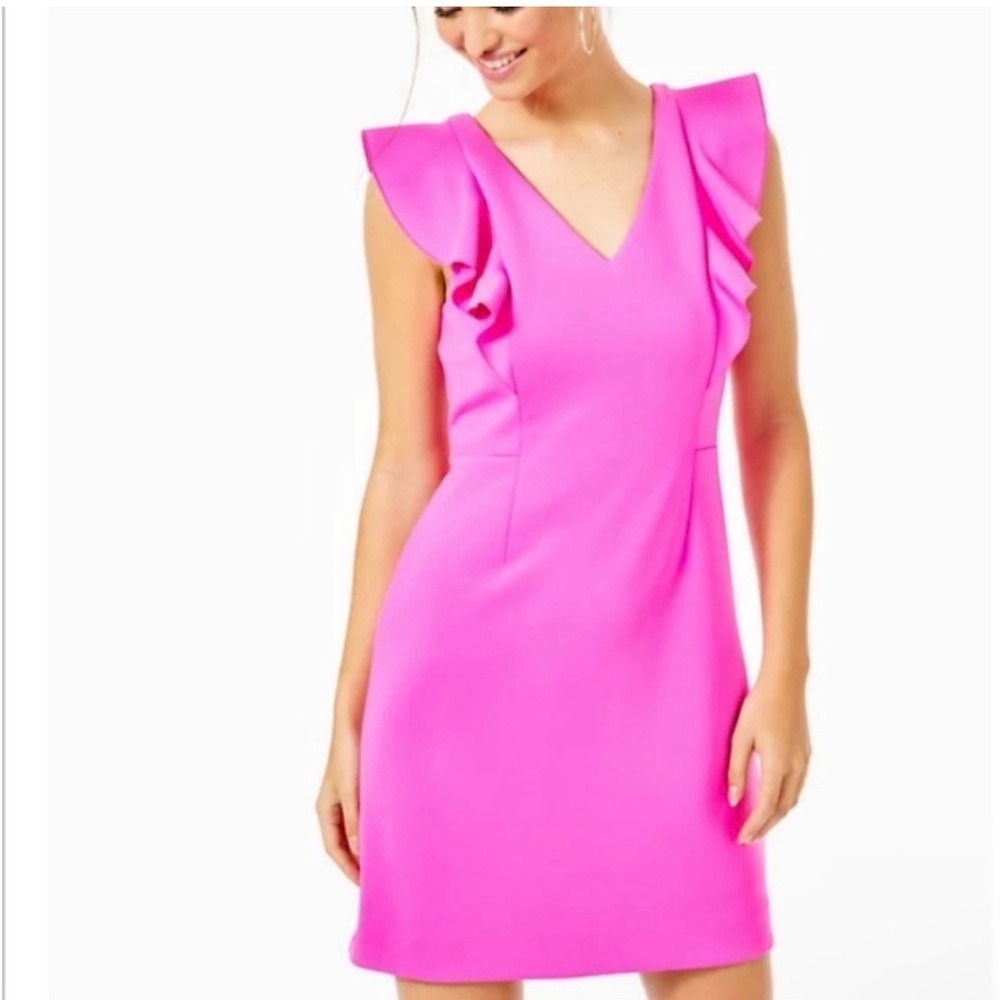 Lilly Pulitzer Sicily Shift Dress in Mandevilla Pink Ruffle Sleeve V-Neck Size 8 - Picture 1 of 7